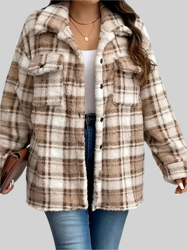 12*jaket*NuMode| Women's Khaki Sherpa Plaid Jacket