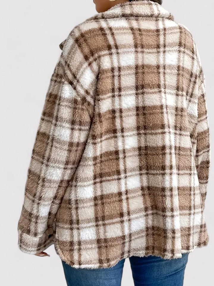 12*jaket*NuMode| Women's Khaki Sherpa Plaid Jacket