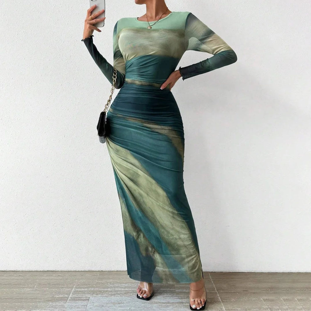 Contrast Print Long Sleeve Mermaid Maxi Dress