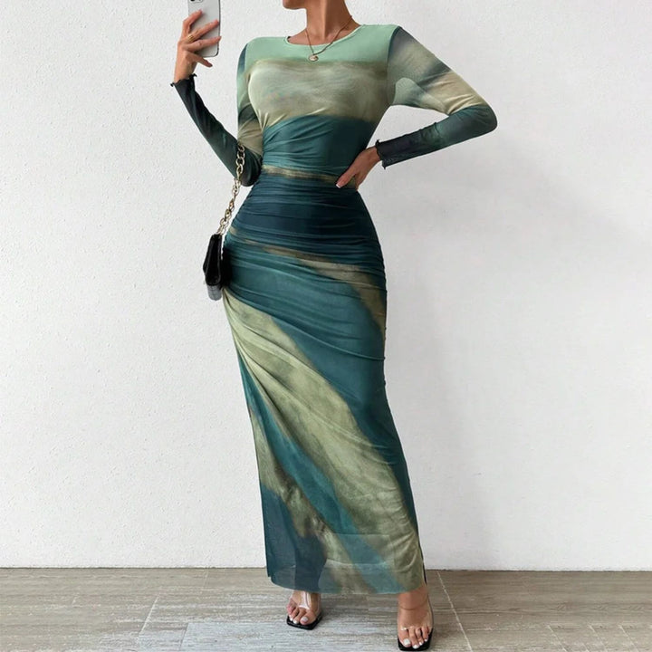 Contrast Print Long Sleeve Mermaid Maxi Dress