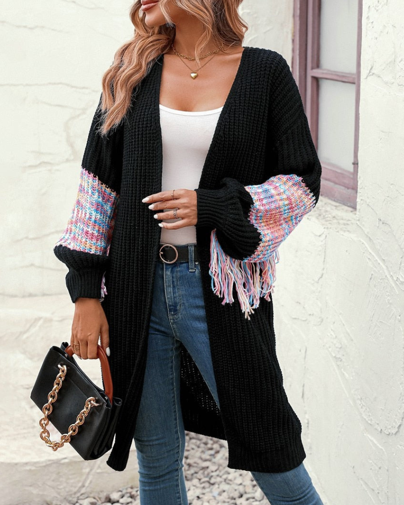  Tassel Sleeve Open-Front Knit Cardigan