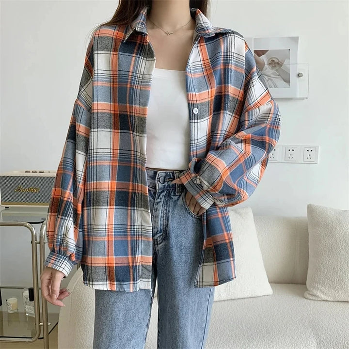  Women's Purple Plaid Puff Sleeve Shirt
