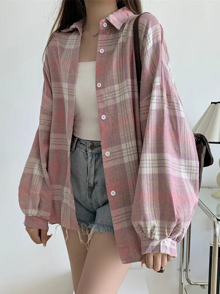  Women's Purple Plaid Puff Sleeve Shirt
