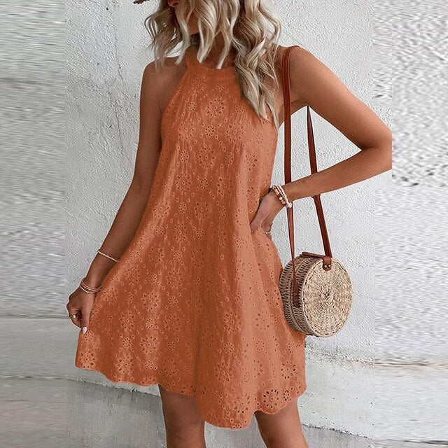 Eyelet Halter Mini Dress