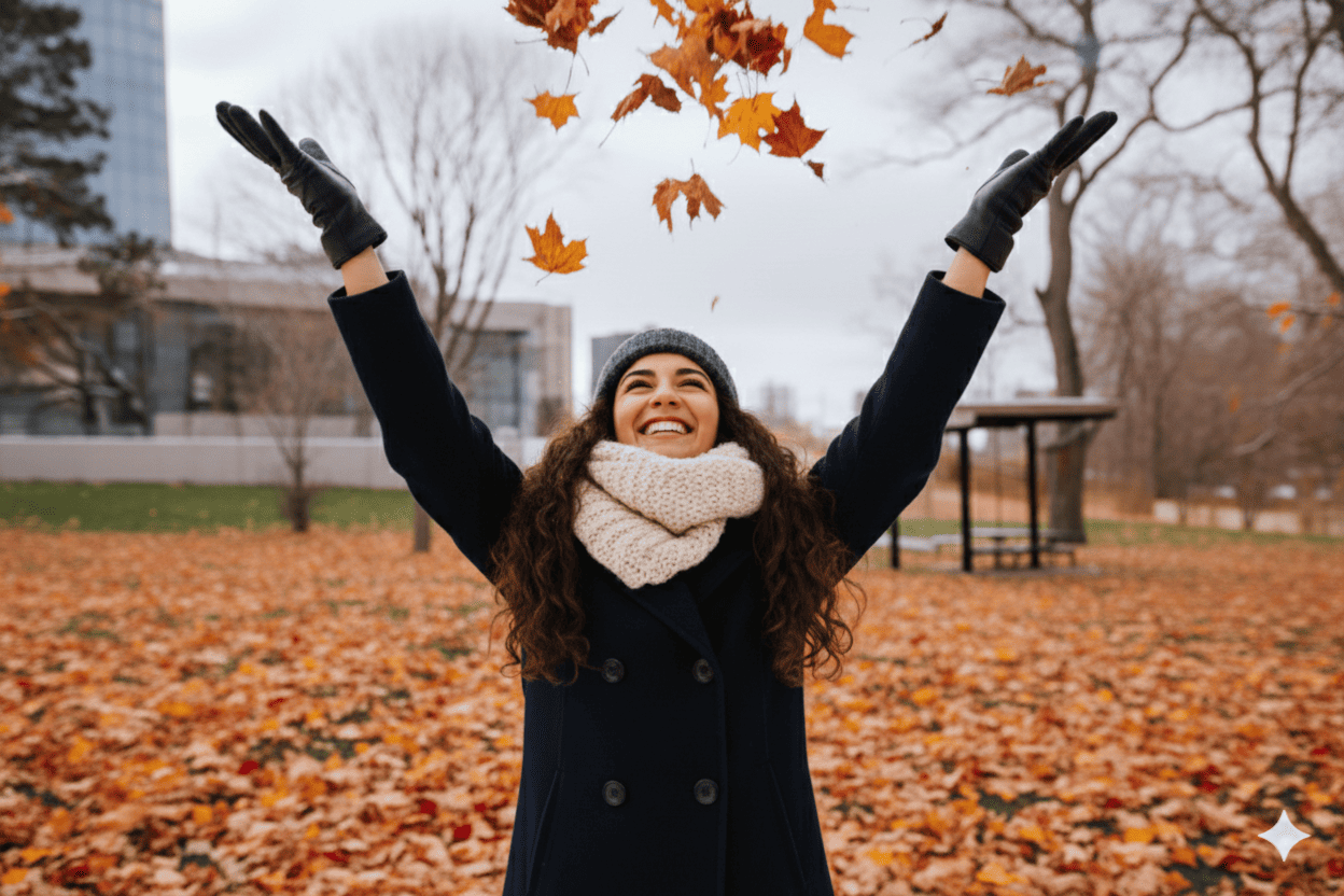 Woman throwing leaves in the air in a park during autumn