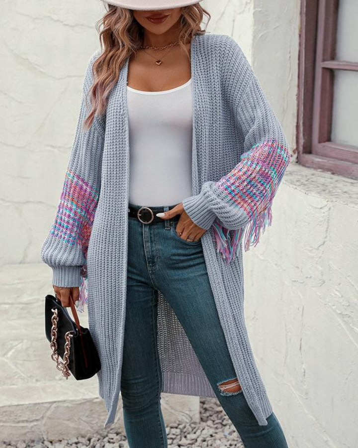  Tassel Sleeve Open-Front Knit Cardigan