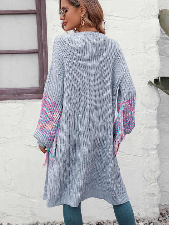  Tassel Sleeve Open-Front Knit Cardigan