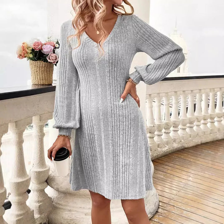 V-Neck Long Sleeve Midi Dress