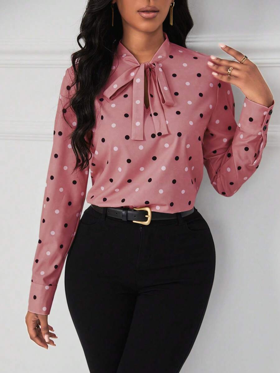 Ladies Polka Dot Tie Neck Blouse