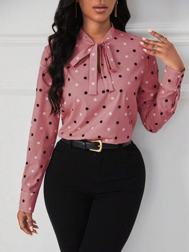Ladies Polka Dot Tie Neck Blouse