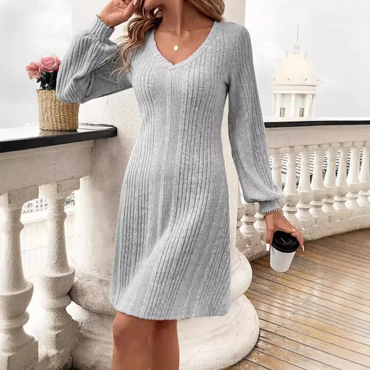 V-Neck Long Sleeve Midi Dress
