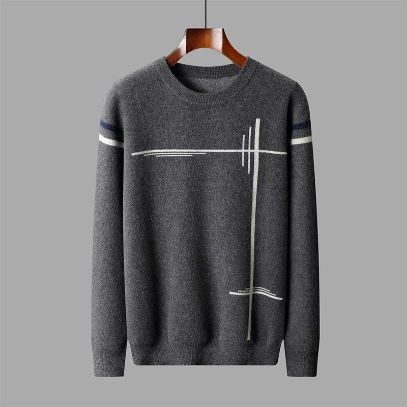 Gray sweater with white and blue stripes on a gray background