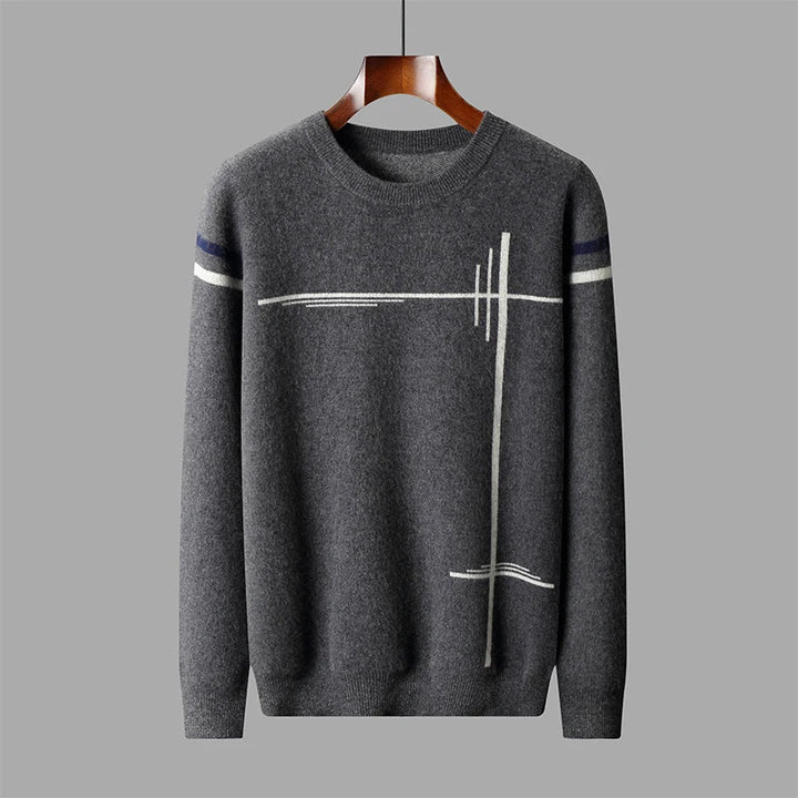 Gray sweater with white and blue stripes on a gray background