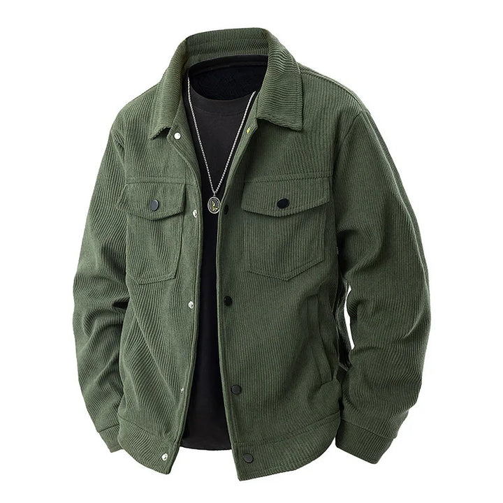 Green corduroy jacket on a white background