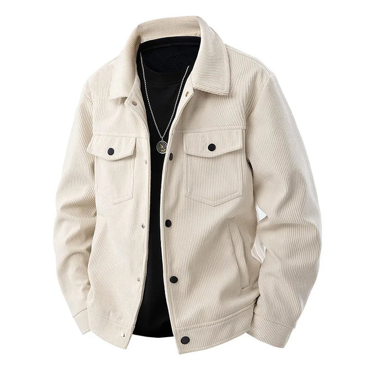 Beige corduroy jacket with black buttons on a white background