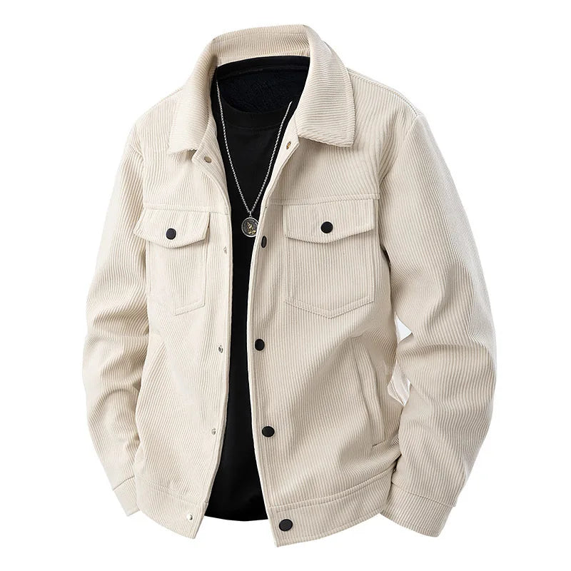 Beige corduroy jacket with black buttons on a white background