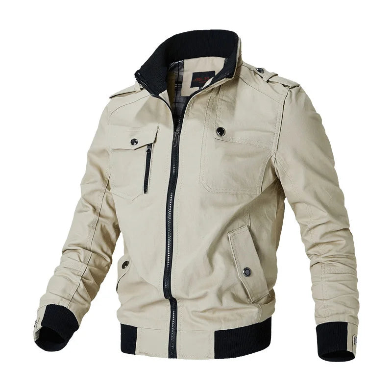 Beige jacket with black accents on a white background