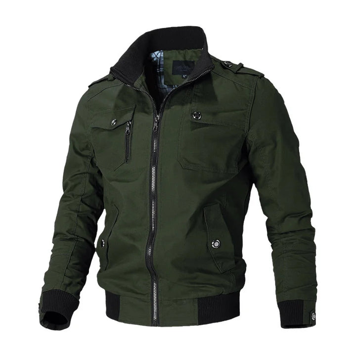 Green jacket with black accents on a white background