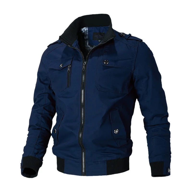 Blue jacket with black accents on a white background