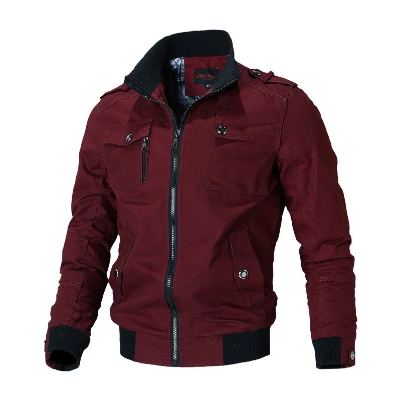 Maroon jacket with black accents on a white background