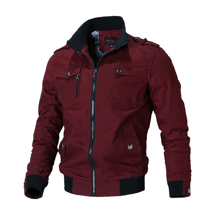 Maroon jacket with black accents on a white background