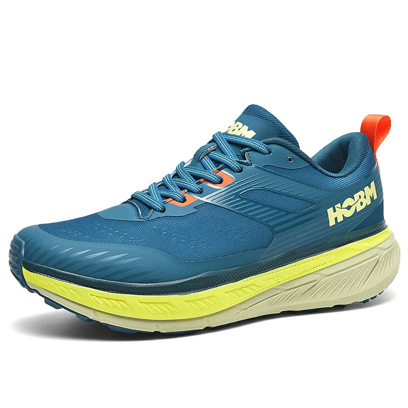 Blue running shoe with yellow sole on a white background