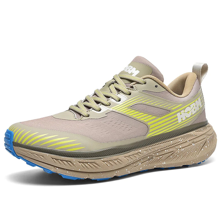 Running shoe with green accents on a white background
