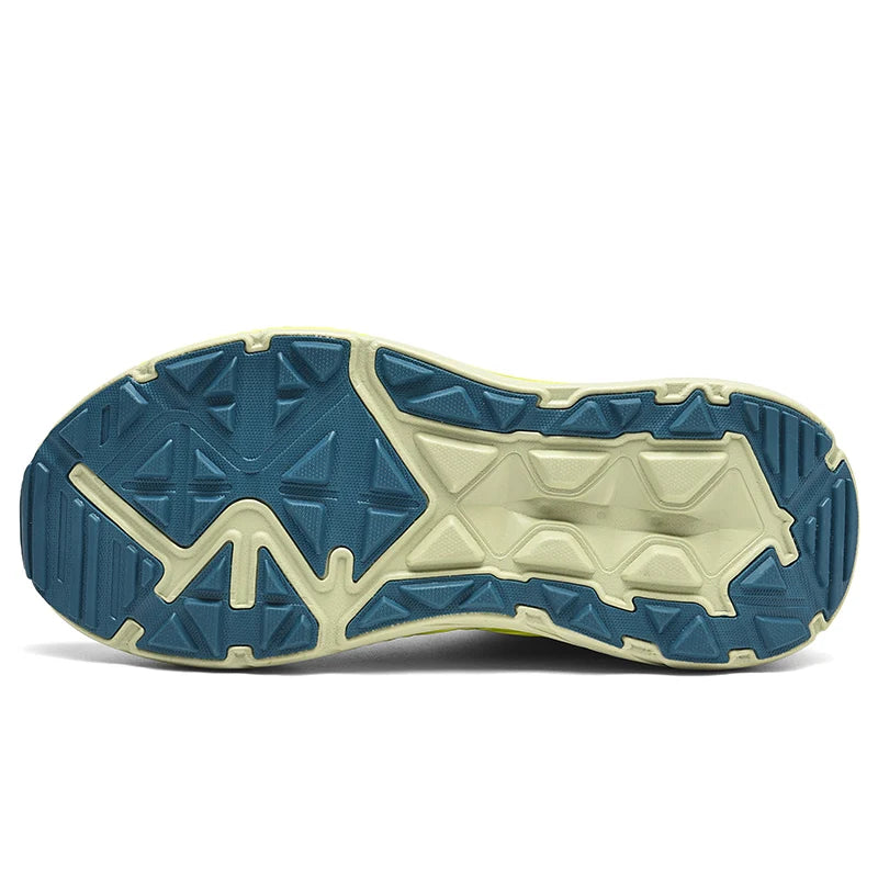 Close-up of a shoe sole with blue and beige pattern on a white background