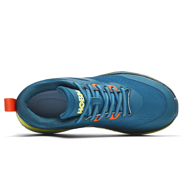 Blue running shoe with orange accents on a white background