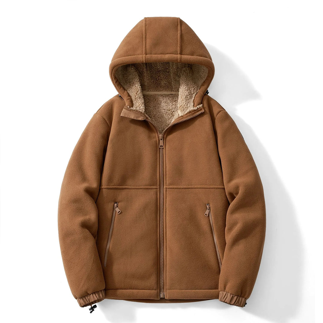 Brown hooded jacket with sherpa lining on a white background