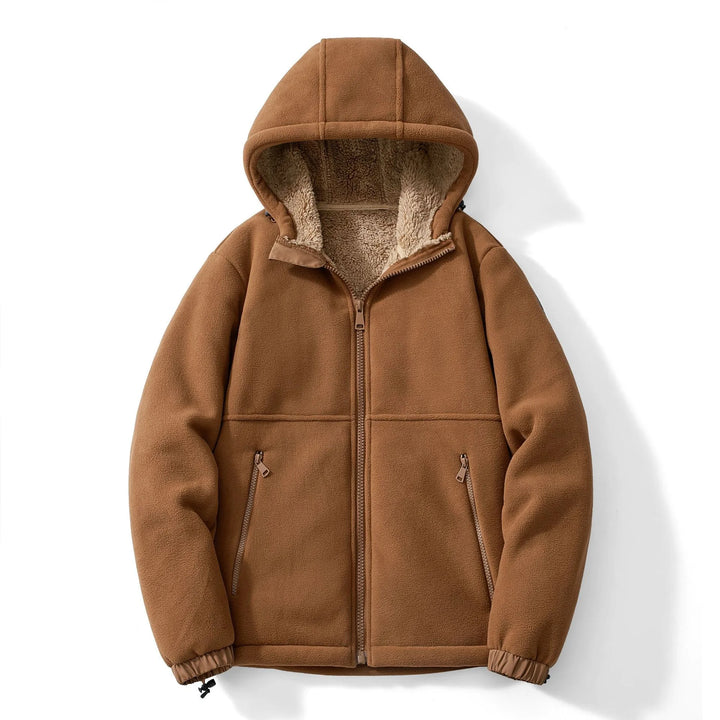 Brown hooded jacket with sherpa lining on a white background