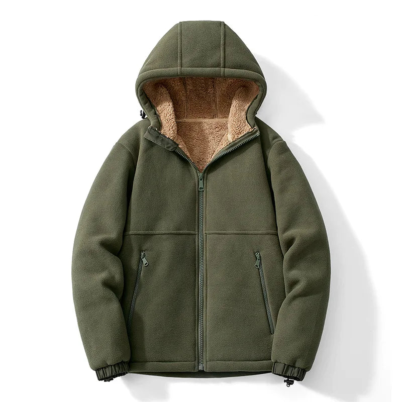 Green fleece jacket with brown interior lining on a white background