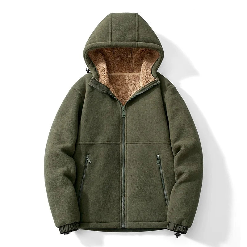 Green hooded jacket with brown interior lining on a white background
