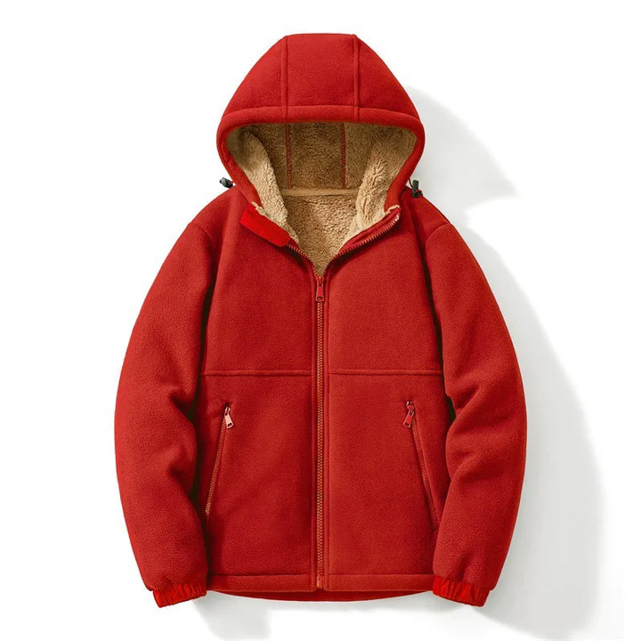 Red fleece jacket with beige interior on a white background