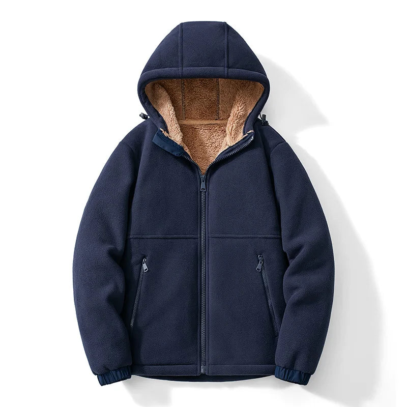 Navy blue fleece jacket with brown interior on a white background