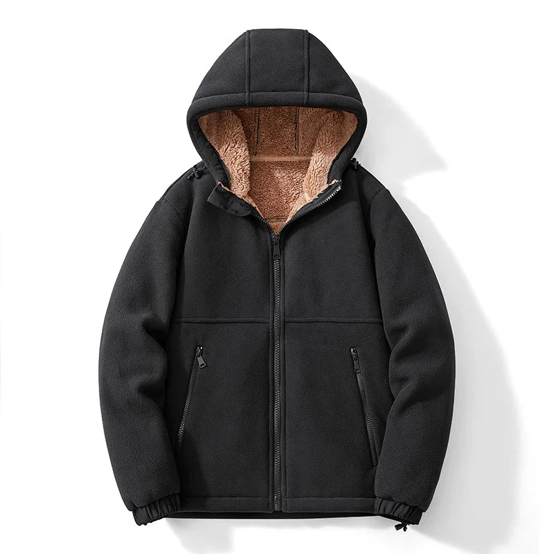 Black hooded jacket with brown lining on a white background