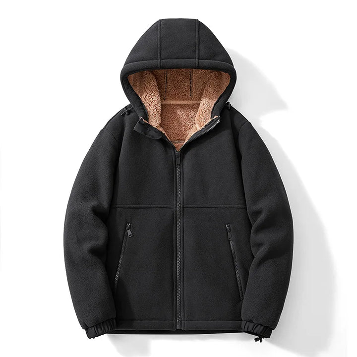 Black hooded jacket with brown lining on a white background