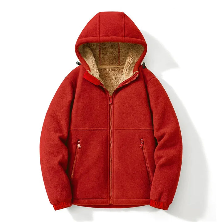 Red fleece jacket with a hood on a white background