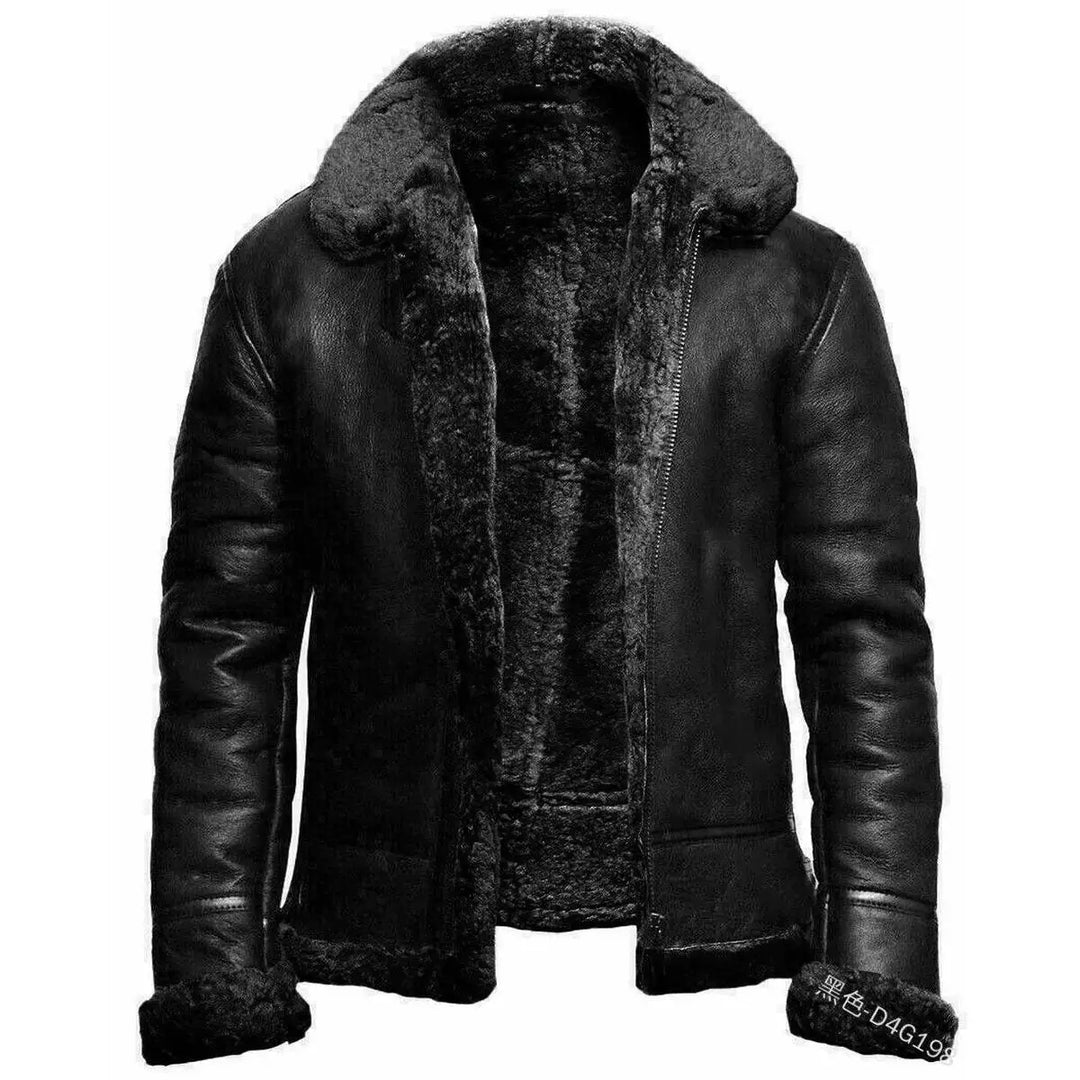 Black leather jacket with fur lining on a white background