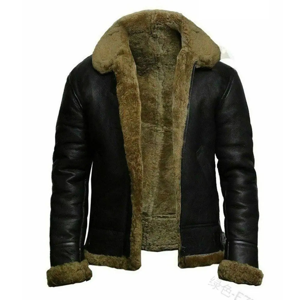 Black leather jacket with brown fur lining on a white background