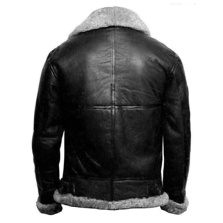 Black leather jacket with gray fur lining on a white background