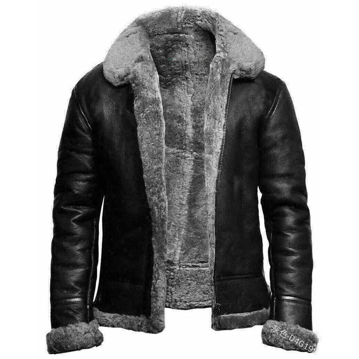 Black leather jacket with gray fur lining on a white background