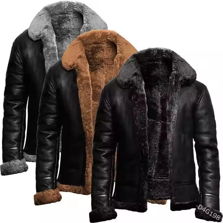 Four leather jackets with different fur collars on a white background