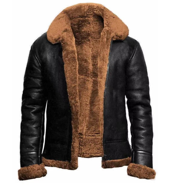 Black leather jacket with brown fur lining on a white background