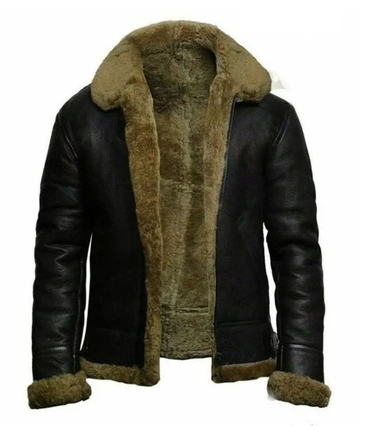 Black leather jacket with brown fur lining on a white background