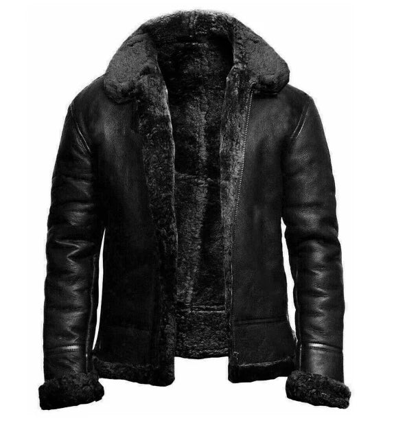 Black leather jacket with fur lining on a white background