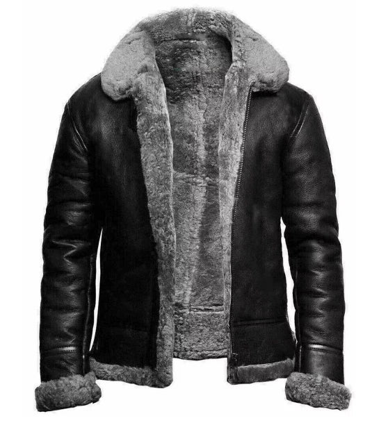 Black leather jacket with gray fur lining on a white background