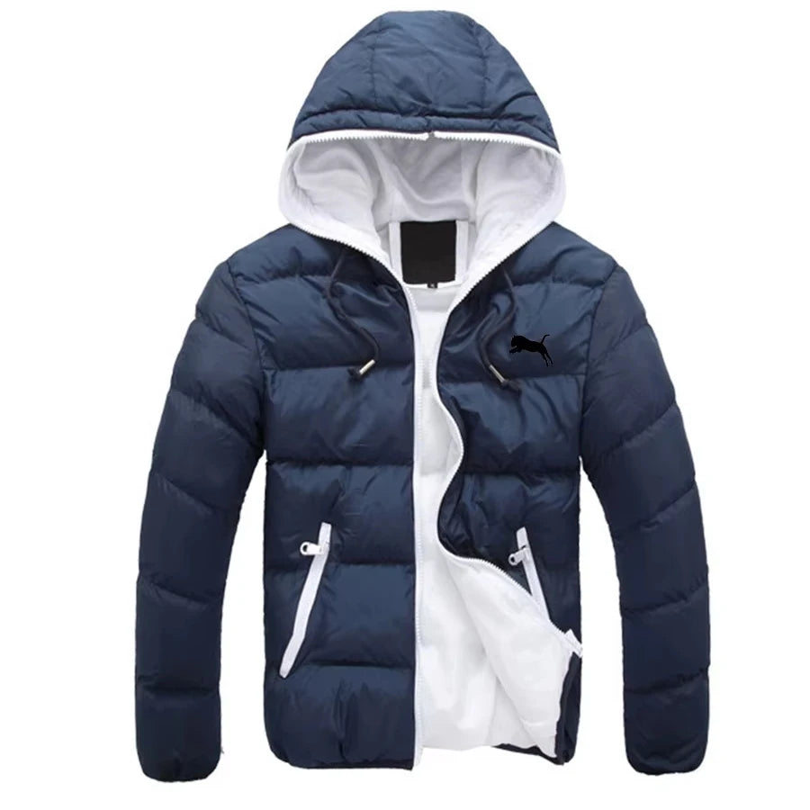 Blue and white puffer jacket with a hood on a white background