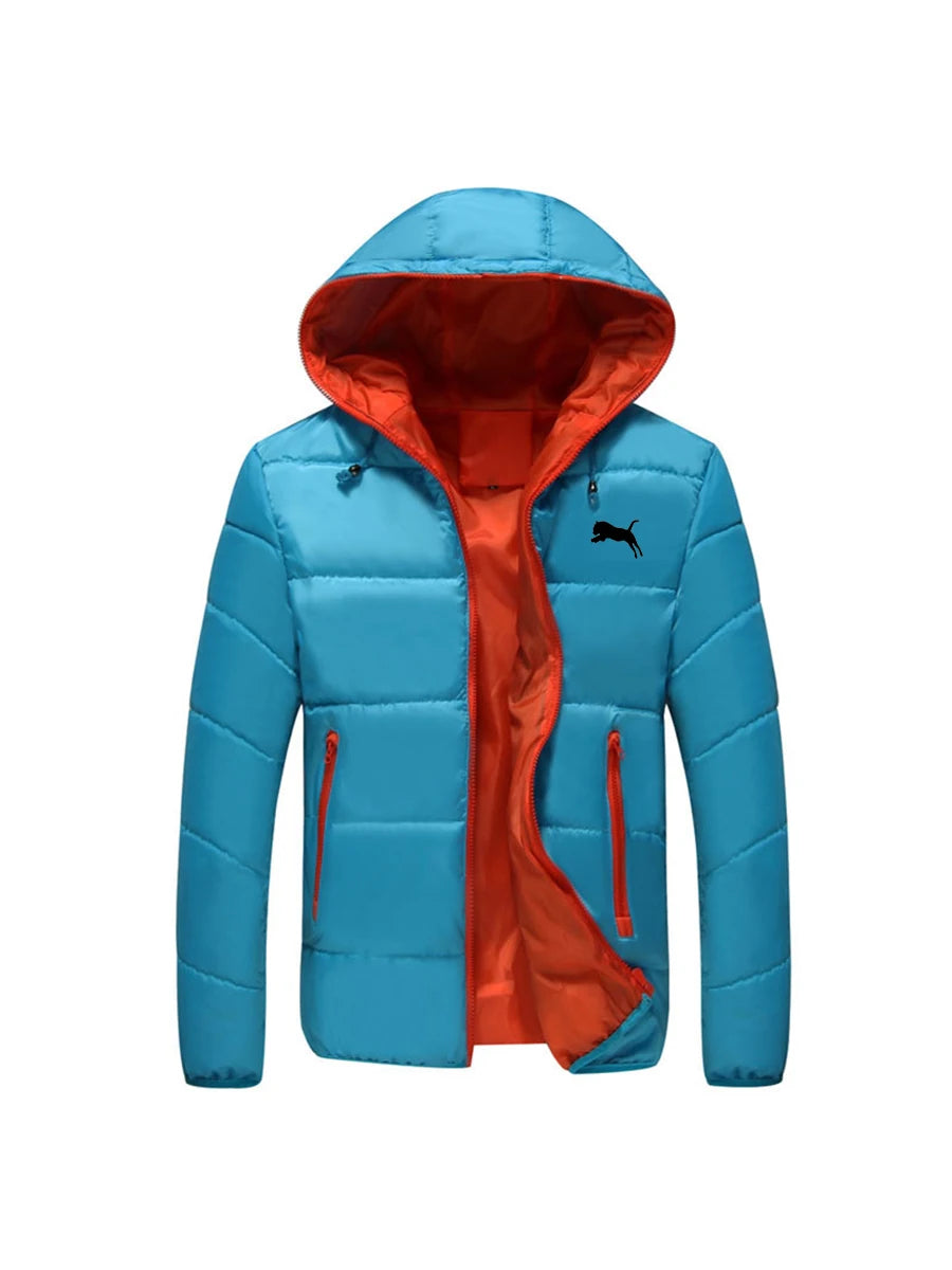 Blue and orange puffer jacket with a brand logo on a white background