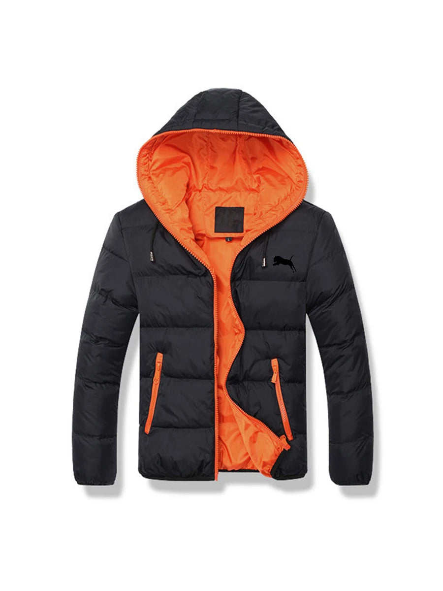Black puffer jacket with orange interior on a white background